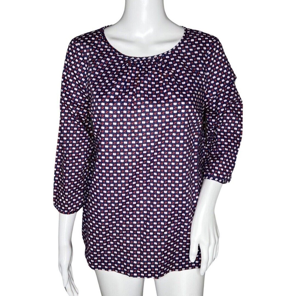 Boden Shirt Women 8 Blue White Yvonne Button Back Apple Print Preppy Novelty